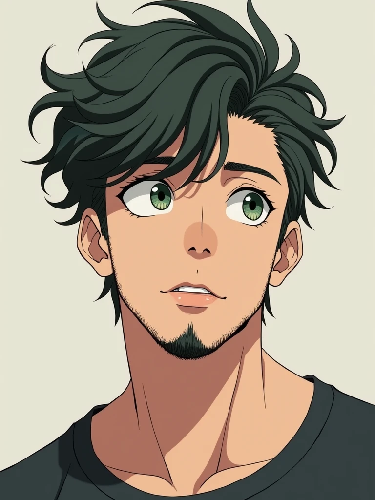 I want an anime version of a 19 year old boy with a thin beard, Caucasian skin,eyes dry greenish leaf, with wavy hair and bangs and a mid fade color, He weighs 80 kg and has 20 percent body fat and is 173 cm tall..