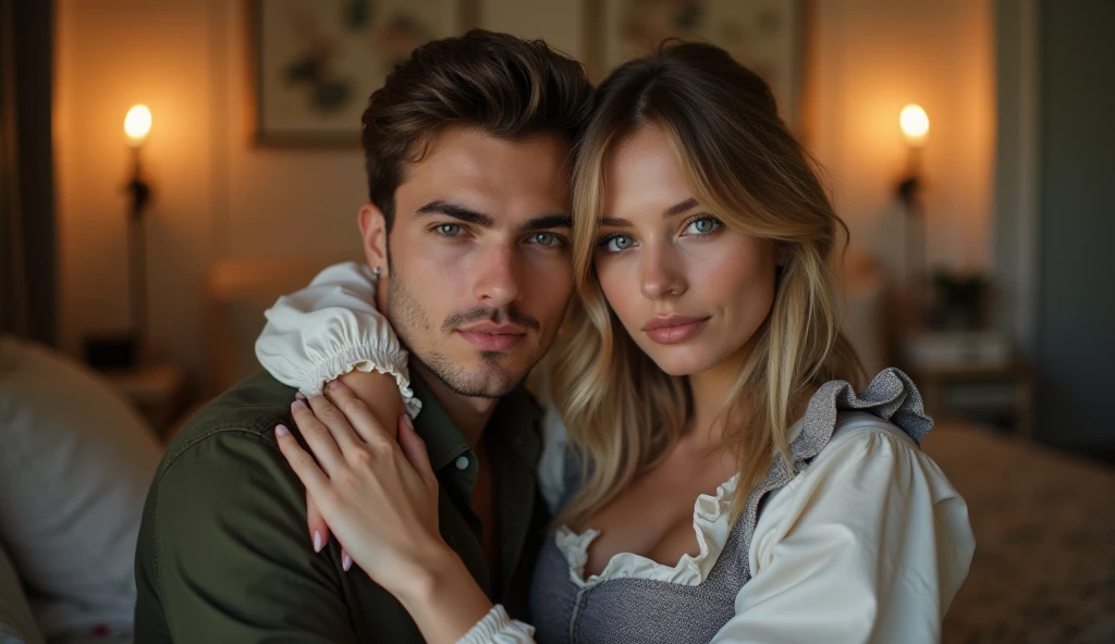 American Instagram model, is portrayed in exquisite detail as she holds her beloved boyfriend, alemao , in a charming scene. The image is captured in high resolution, showcasing the mesmerizing beauty and intricate features of. She is 26 years old, with an innocent face, far away, medium length blonde hair , and captivating blue eyes. naughty man, looking elegant in a formal suit, complements it perfectly. They create a delicious contrast, with model wearing a maid&#39;s dress that gives a playful touch to the image, enquanto naughty man veste uma camisa e calças normais. The scene is masterfully framed, with the soft