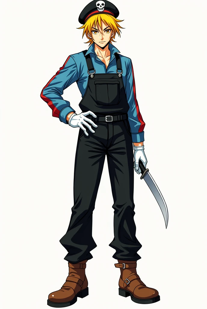 (Manga Type Drawing) Man with dark powers Wearing black overalls, a sky blue long-sleeved shirt with red stripes, white gloves, brown boots, yellow and gold hair, a beret with a skull in the center, holding a knife with his right hand and extending his left hand,left eye orange and right eye white,perfect,