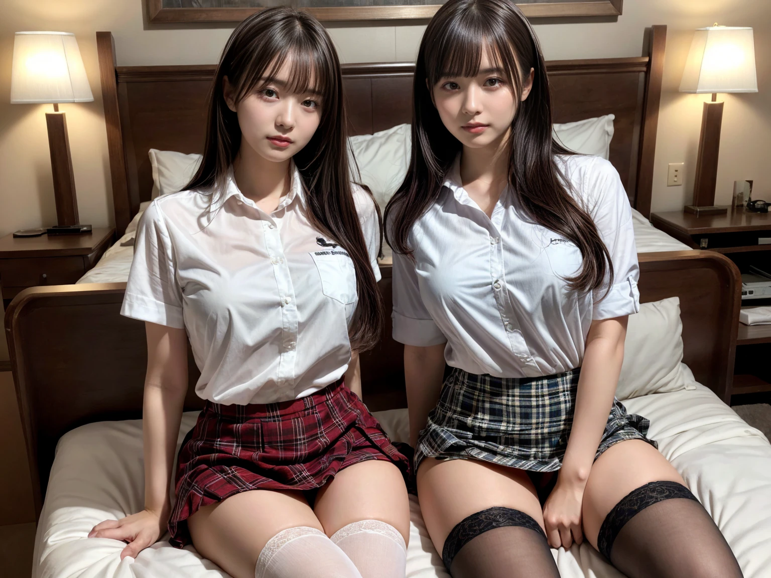 masterpiece, best quality, illustration, Super detailed, fine details, High resolution, 8K,wall paper, perfect dynamic composition,(Details High quality, realistic depiction of eyes:1.3), (2 girls), (white school shirt :1.2), (plaid skirt :1.3), tie black, black thigh-high stockings, sitting, open legs, short bob hair, in a hotel room in the background, deep on field, large breasts, black hair color, Big Natural Color Lip, (perfect body shape), crying a little、Harajuku style、20 year old girl、cute type、beautiful legs, Gravure Idol