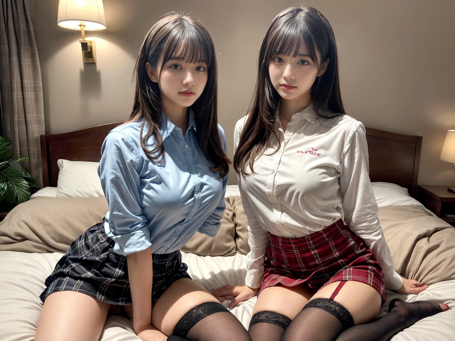 masterpiece, best quality, illustration, Super detailed, fine details, High resolution, 8K,wall paper, perfect dynamic composition,(Details High quality, realistic depiction of eyes:1.3), (2 girls), (white school shirt :1.2), (plaid skirt :1.3), tie black, black thigh-high stockings, sitting, open legs, short bob hair, in a hotel room in the background, deep on field, large breasts, black hair color, Big Natural Color Lip, (perfect body shape), crying a little、Harajuku style、20 year old girl、cute type、beautiful legs, Gravure Idol