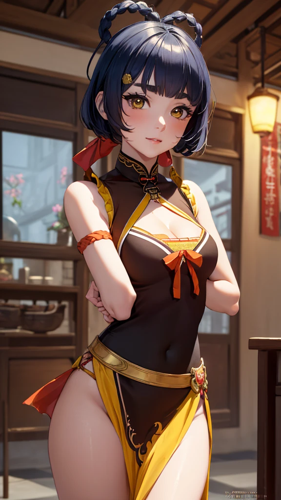 masterpiece, top quality, high detailed, detailed face, bright Eyes, exterior, blurred background, dynamic poses, dynamic angle, (from the front),standing, (small breasts),(neckline),(see through dress),(Thinking in the future:1.5), xianglingdef,happy, Laugh, hot and spicy, happy, In an old traditional Chinese restaurant.