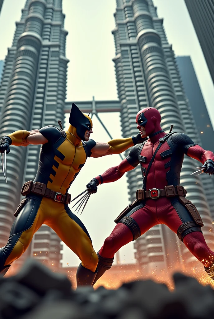 Wolverine and Deadpool are fighting in front of the KLCC twin towers 
