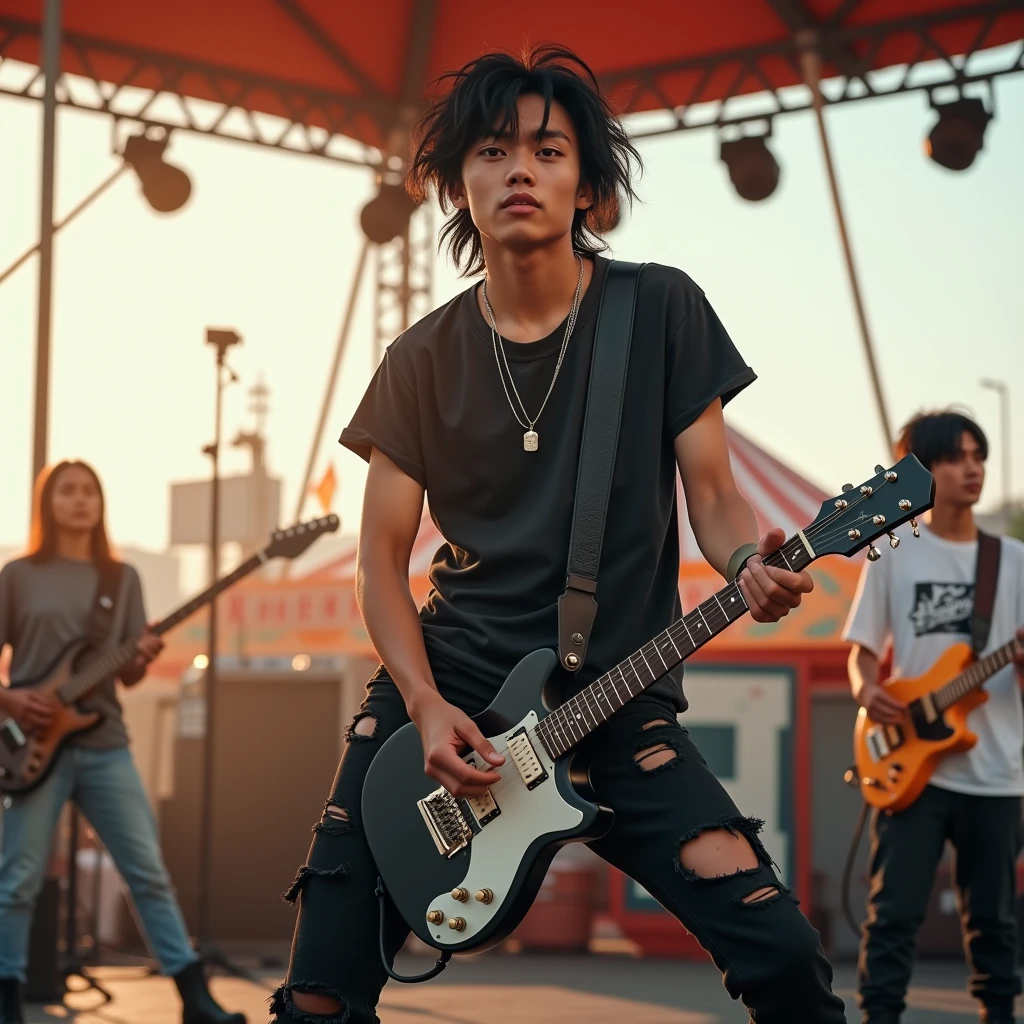 Handsome asian teenager , lead vocal and also playing guitar with his band on the stage. The background at daylight of carnaval playground. he is wearing T-shirt ripped black jeans pants and black boots , wearing black boots, black messy hair, full body sight, 4k detailed photography. completing the captivating image of a talented musician lost in the moment. extremely detailed
