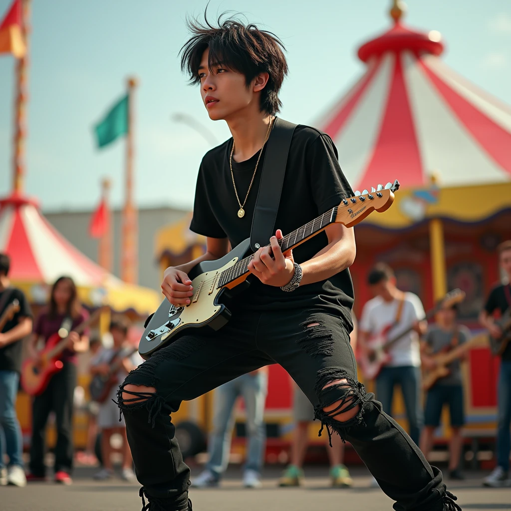 Handsome asian teenager , lead vocal and also playing guitar with his band on the stage. The background at daylight of carnaval playground. he is wearing T-shirt ripped black jeans pants and black boots , wearing black boots, black messy hair, full body sight, 4k detailed photography. completing the captivating image of a talented musician lost in the moment. extremely detailed