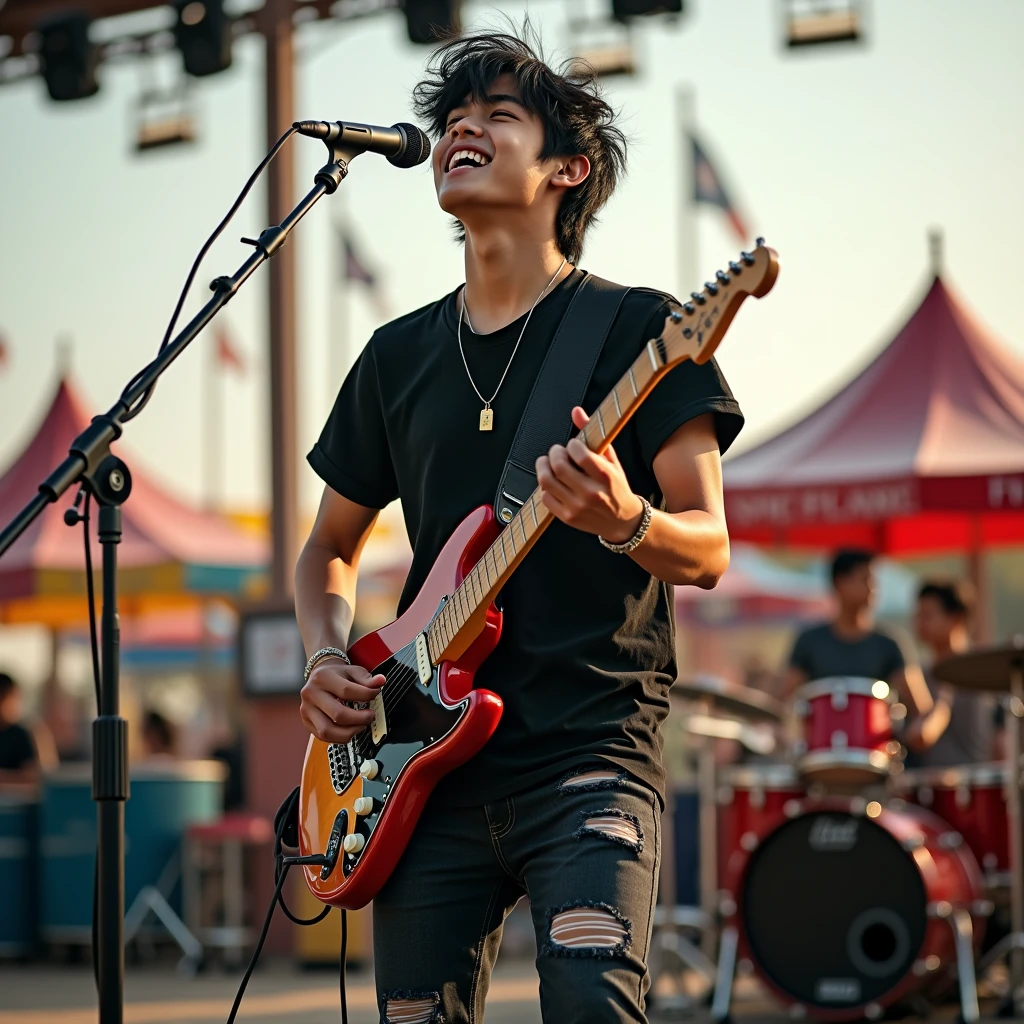 Handsome asian teenager , lead vocal and also playing guitar with his band on the stage. The background at daylight of carnaval playground. he is wearing T-shirt ripped black jeans pants and black boots , wearing black boots, black messy hair, full body sight, 4k detailed photography. completing the captivating image of a talented musician lost in the moment. extremely detailed