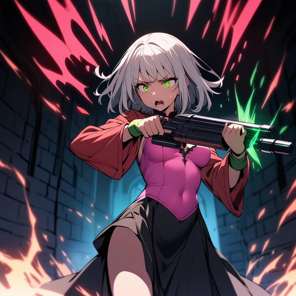(masterpiece,best quality,very aesthetic,ultra-detailed),high saturation,fantasy,nsfw,solo,BREAK,1girl,20yo,curvy,medium breasts,tall,bewitching,sorceress,Girl Who Loves Literature,(glowing green eyes with red flame aura),slanted eyes,beautiful face,Grayish-pink straight hair,short hair,long drooping hairline,Dark green wings,(Red military jacket,Red and black long dress skirt,Pink leotard:1.2),long sleeves,Green cuffs around the wrist on the sleeves,White long boots,seriouds,rage,melancholy,lonely,fighting stance,spelling,dungeon,holding Large magic gun like cannon,cowboy shot