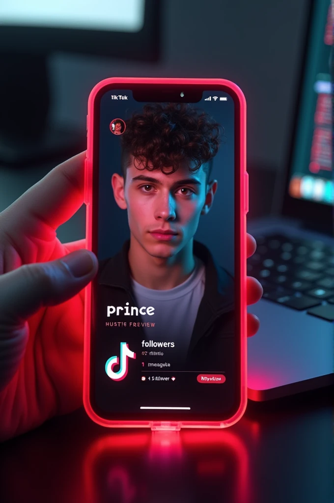 Create tik tok profile on glass id card on black desk displaying tik tok logo and realistic profile photo of a teenage boy in circle and "prince" is written on bold fonts under the profile photo and 1million followers is written, the tik tok card is glowing in red color in the edge,one corner is held with the two fingers