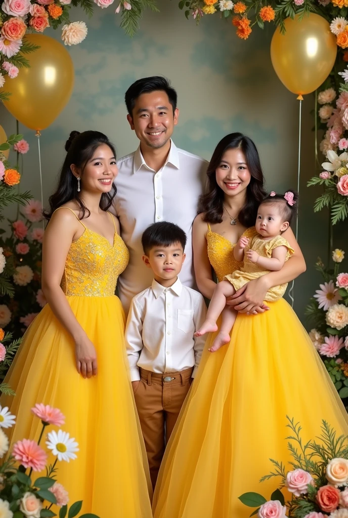 Real pinoy family pic women beautiful with ballgown yellow and daughter Currying baby girl 2 year old with ballgown yellow and man handsome with attire and baby boy with attire with flowers baloons butterflies