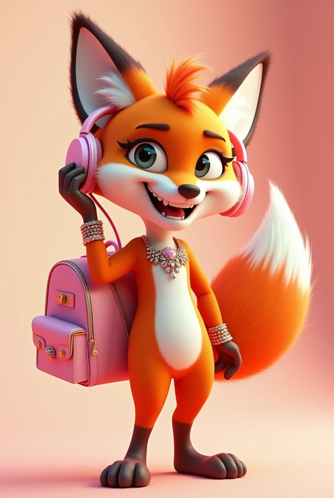 Create a 3D Disney Pixar style fox named Chic Fox. She must exude a modern personality, elegant and captivating, perfect for a section dedicated to accessories and fashion.
colors: Vibrant shades of orange and white, with pink details and accessories to maintain cohesion with the other mascots.
Accessories:
Headphone Type Earphone: A pair of modern headphones with pink ear pads and frames. Design can include elegant details, such as metallic finishes or subtle patterns.
Modern Backpack: Wear a stylish and modern backpack in pink, with lighter pink or metallic details. The backpack may have elements such as shiny zippers, patches ou estampas fashion.
Jewelry and Fashion: Include additional accessories, like a pink statement necklace, elegant bracelets and shiny rings to complement the look.
Expressions: Confident smile and bright eyes, with an expression that conveys style and sophistication.
Activities and Poses:
Usando o Headphone: Showing how the fox uses the headphones, perhaps adjusting or listening to music with a satisfied smile.
Modeling the Backpack: Showing off the trendy backpack along with the headphones, showing how accessories match.
Style Tips: Pointing to a board with tips on accessories, How to choose fashionable headphones and complement your look with style.
Interactivity on the Website:
Hover animations: Animated movements like adjusting headphones, rotate to show different angles or interact with the backpack.
Fashion Messages: Friendly messages with tips on accessories, fashion trends and how to combine headphones and modern backpacks.