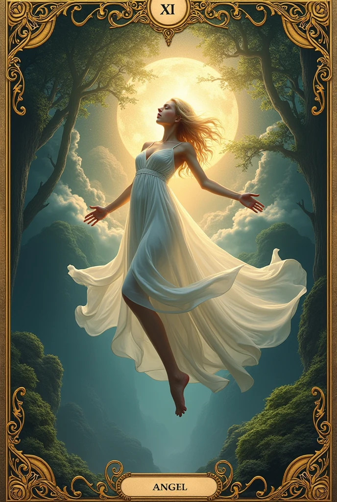 a card, intricate detailed tarot card illustration, tarot card, tarot card "the world", card header text "XI", card footer text "The Angel", text font style medieval, blond hair goddess, white dress, floating in the sky, ((infinity symbol background)), infinity symbol, ouroboros symbol, cinematic lighting, dramatic shadows, vivid colors, rich color palette, surreal tarot card, mystical landscape, shimmering details, ornate patterns