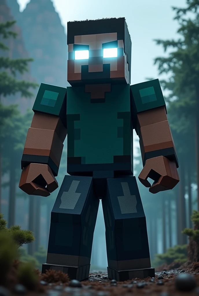 Steve from Minecraft game glowing white eyes badass