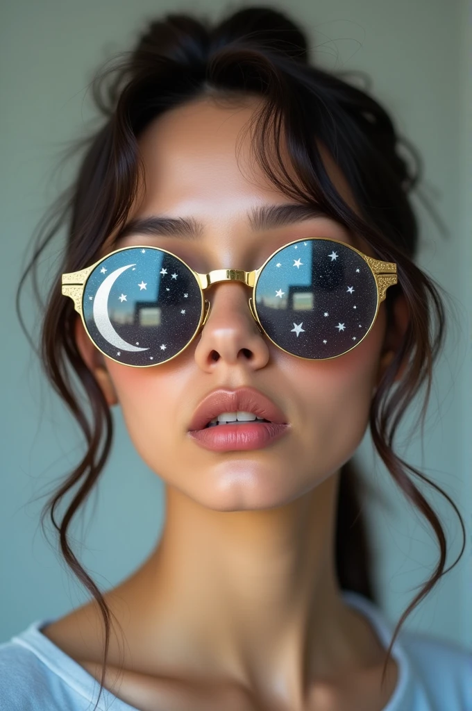 The model is wearing glass sunglasses with stars and the moon on the glass