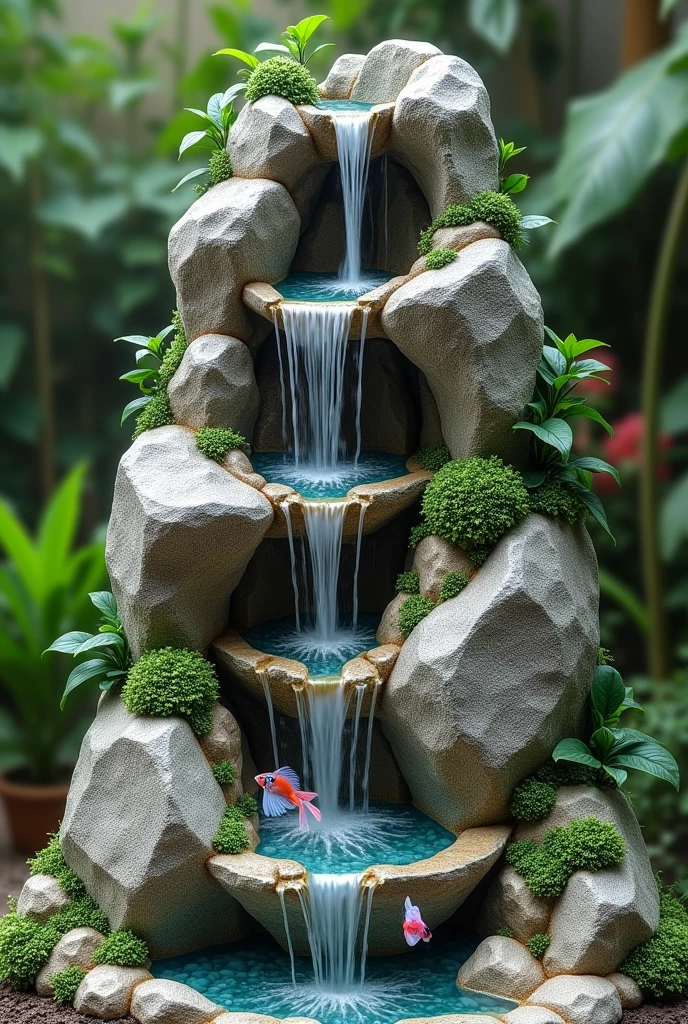 A two-meter-high ornamental waterfall made of stones, several falls, and with betta fish aquariums built into the rocks