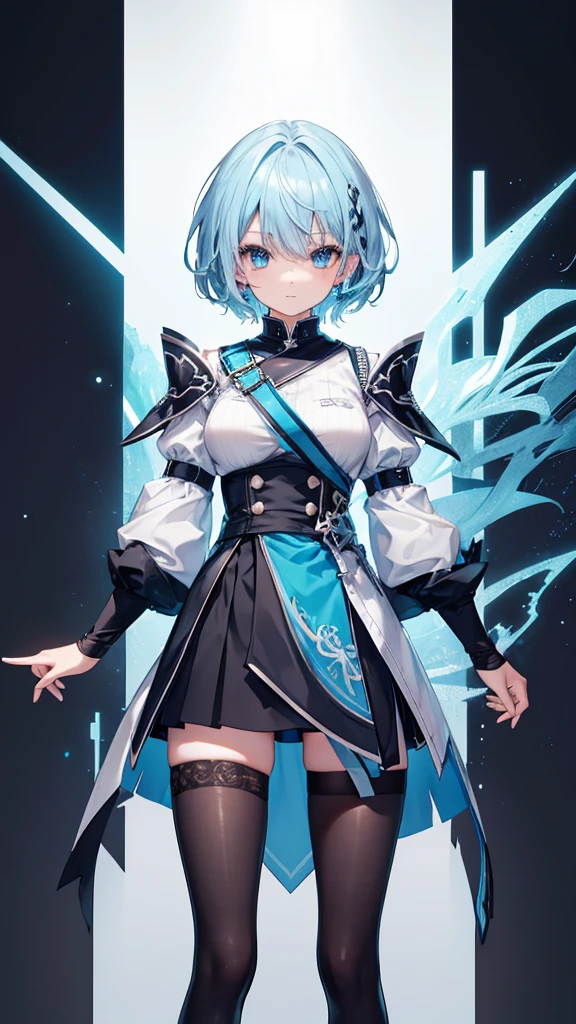 (Highest quality,Very detailed,High resolution,),black tights,Light blue hair,short hair,cute,blue eyes,She&#39;s wearing a light blue dress,Her highlights are bright and white,Her eyes are white and shining,She looks at me shyly