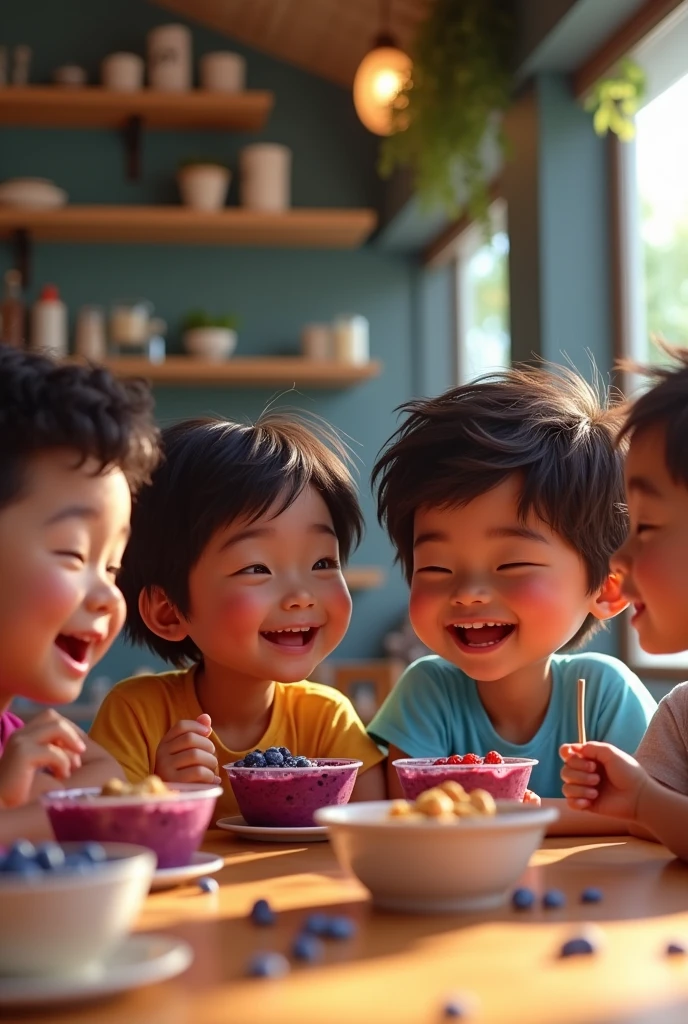 Realistic children , At the acai shop ,black hair eating acai , with friends Ultra HD, high qualiy, best qualityer, high resolution, 8k, 16K
