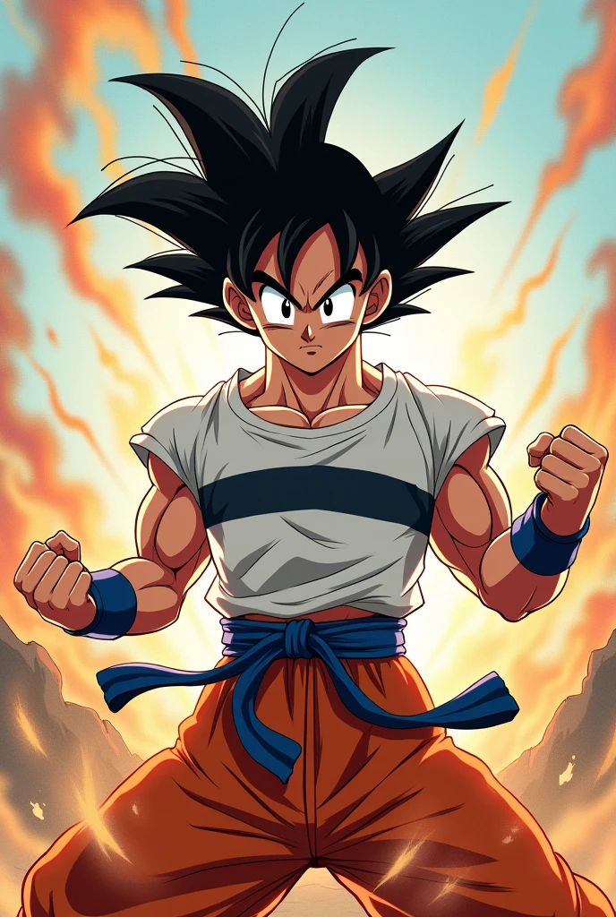 goku with white t-shirt and black horizontal stripe attacking 

