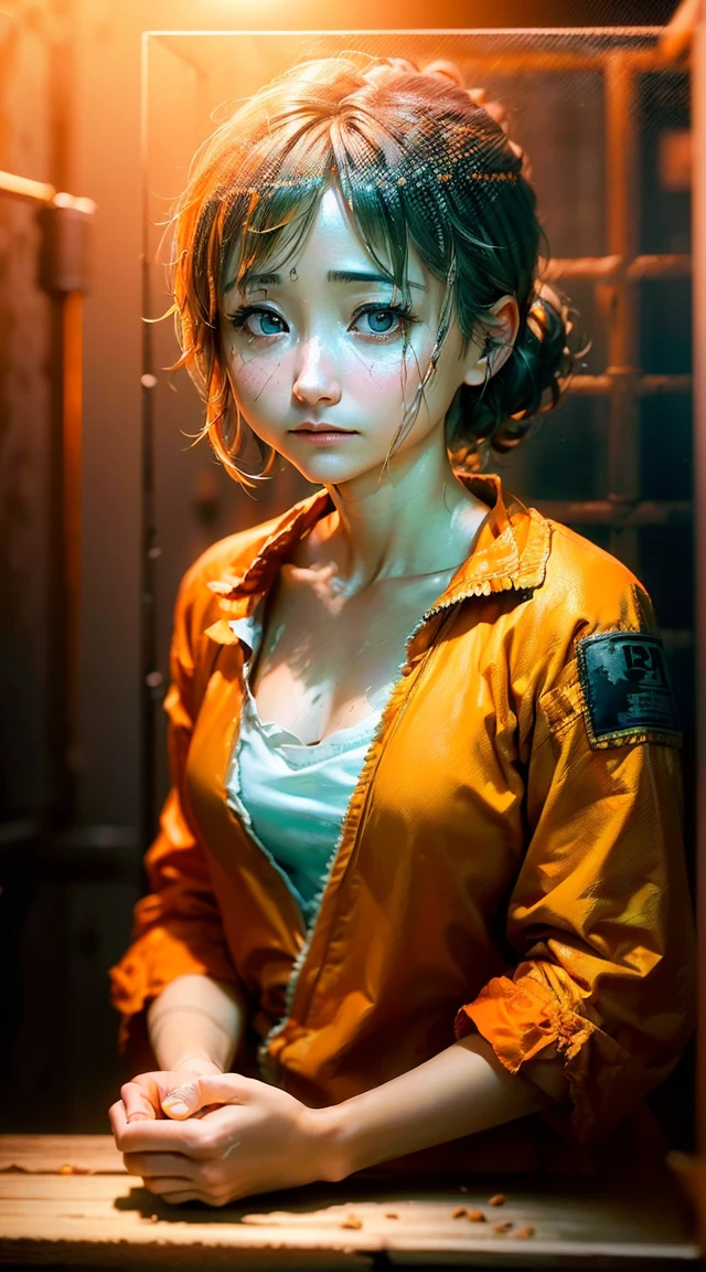 ((非常にhigh qualityなRAW写真, Detailed Background, Complex, Messy Hair, Exquisite detail and texture, Very detailed, Photo (Allison Mack) In solitary confinement, (Wearing an orange prison uniform:1.3), Looking away from the camera, Super detailed photos, Warmly lit, Art Station, 4K, Sharpen the focus, High resolution, Delicate skin, Detailed eyes, 8K超High resolution, Single-lens reflex camera, Low glare lighting, high quality, Film Grain, XT3, sad:1.3