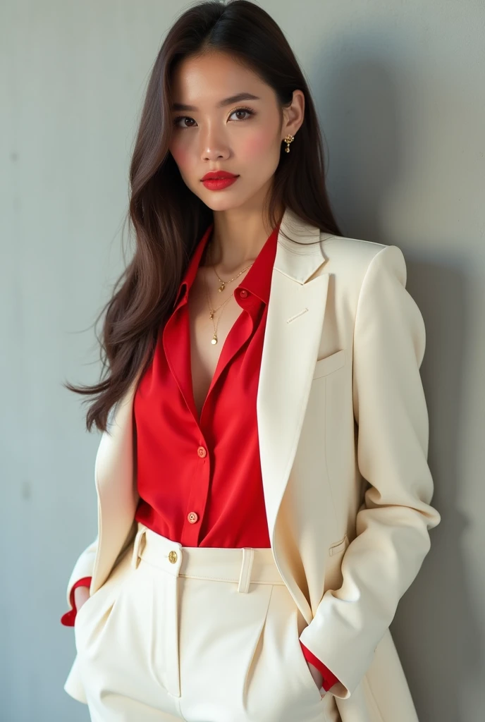 young woman, long straight hair in dark brown color, brown eyes and fair skin. Wear bright red lipstick, with the background of a light gray wall and she is wearing an off white blazer and a red blouse and off white dress pants. She is wearing a gold necklace and earrings.