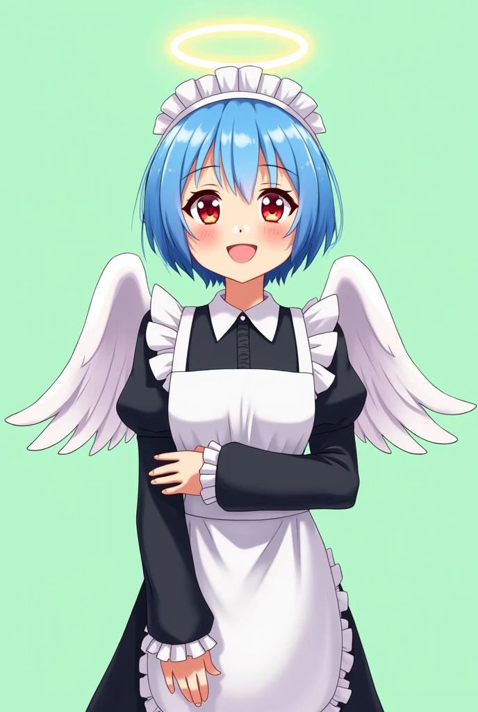 Maid cafe maid with short blue hair, Red eyes, that shows a happy smile, age range between 18 and 26 years, with angel wings, black long sleeve uniform, anime style completely in 2D, with pastel colors, with a completely flat and green background