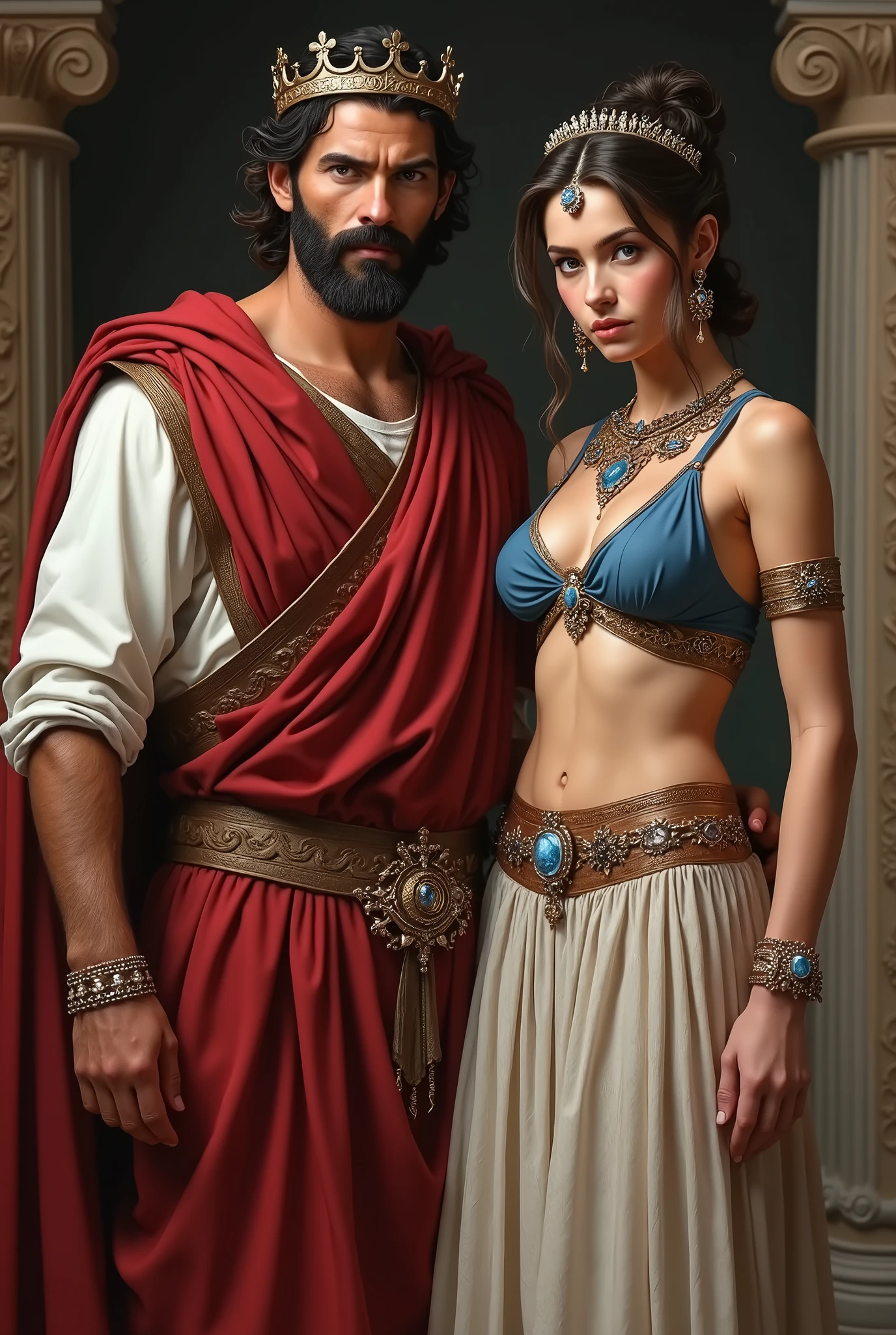 (1 man and 1 woman existence ), (1 man is Herod Antipas, 1 woman Herodian is wife), Front view, looking at viewer, 1 century, the king of the Jews, He is Arab and 50 years old, (Dark brown curly hair, Brown eyes ,He has a beard and curled moustache under his nose and on his chin, serious) ,middle body, (Gold crown), (Ionic nobles of the Roman Empire-Wearing a white tunic), (Red Toga, One-shoulder robe:1.3), ancient Sandals women is Jewish girl 30 years old, (dark brown hair chignon, serious, gold earring, gorgeous neckless with jewel, tiara with diamond, long black see-through back hood, ),(C cup breasts, slender whist, wide hip), (White silk see-through shot blouse, Blue Bra with jewel , brown leather belt with jewel, White long see-through skirt on silk brown patron), gorgeous sandal, (Textured skin , HI Detail Skin, (Shorthand, Canon, 8k, Anatomically correct, Super Detail, Attention to detail, Your Highness)