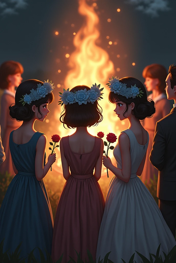 create an image of six people with flower crowns with two blue flowers each in the middle of the crowd holding roses everyone else is in 1950s clothing hiding the people with anime style flower crowns with a large bonfire behind in the night with a darker color palette