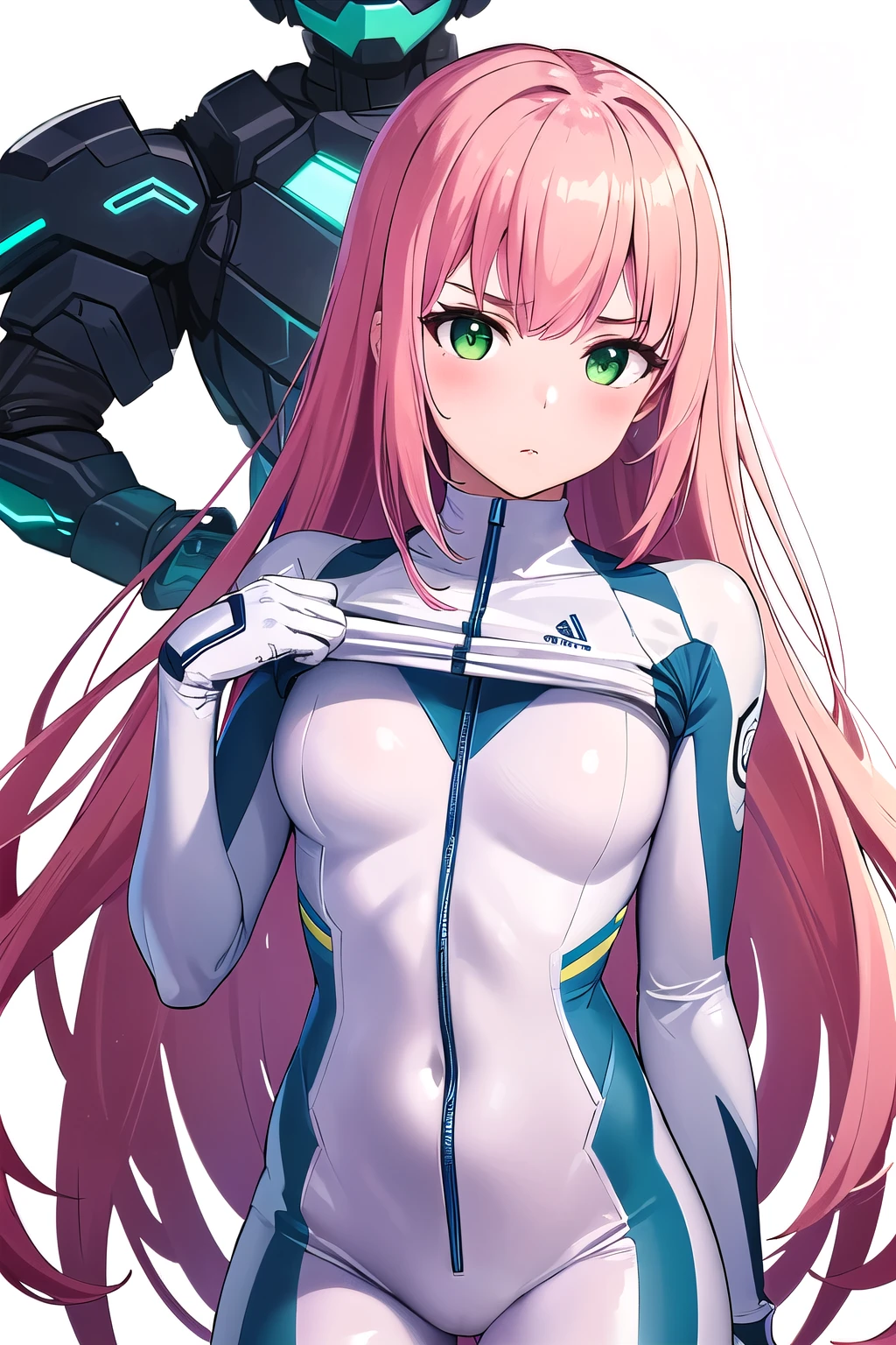 1girl,Samus aran,solo,green eyes, pink hair, forehead   hair, white zero suit,white body suit,purple stripes,cowboy shot,blush,,Science fiction,ultra-detailed,sharp focus,aesthetic,(best quality), white background, (clothes lift:1.2)