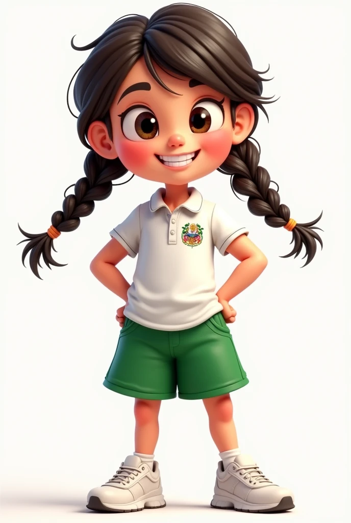 Cartoon girl with braids, Mexico sports uniform white polo, green skirt and white sneakers 