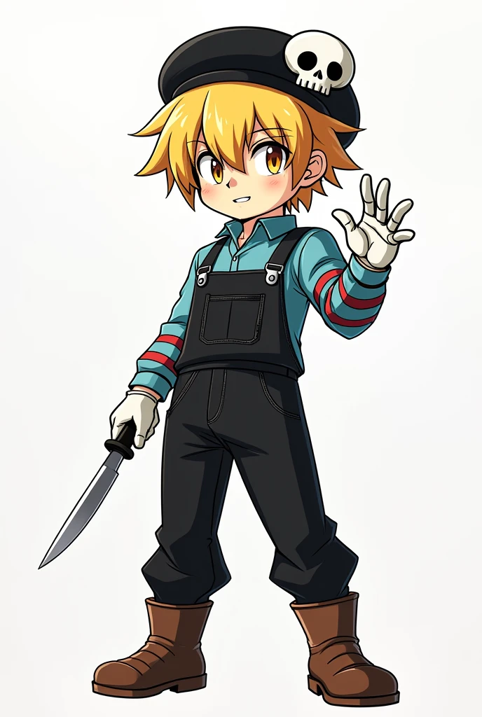 (Manga Type Drawing) Man with dark powers Wearing black overalls, a sky blue long-sleeved shirt with red stripes, white gloves, brown boots, yellow and gold hair, a beret with a skull in the center, holding a knife with his right hand and extending his left hand,left eye orange and right eye white,perfect,