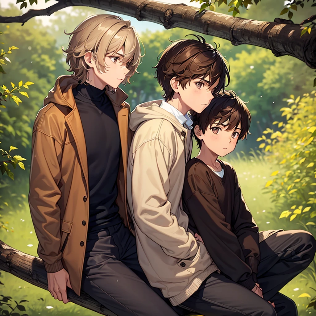 Medium-haired boy, Medium brown and brown color and white at the tips, Half-closed honey-colored eyes, , He has a brown sweater and a blue coat, He has baggy black pants and wears boots, He is sitting on a tree branch in profile, It's night, and fireflies appear in the field and near it