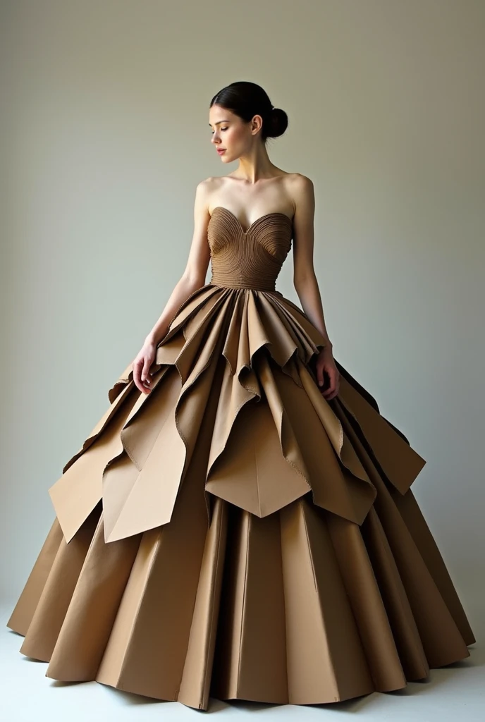 A girl wearing a ball gown, a long dress with a cut at the shoulders and a low neckline, exposed arms and long, puffy skirts, made of cardboard in different colors, such as brown and dark brownish.