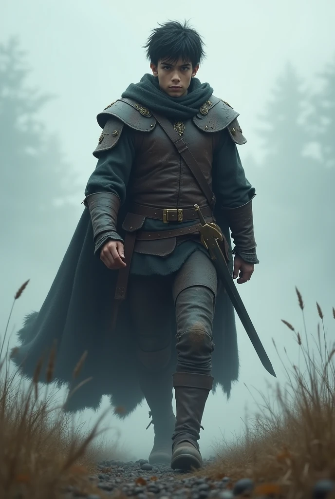 2 meter tall medieval ranger, Scrawny. big black hair, young 23 years old. wearing leather armor and large cape , with two short swords, shrouded in a light mist.