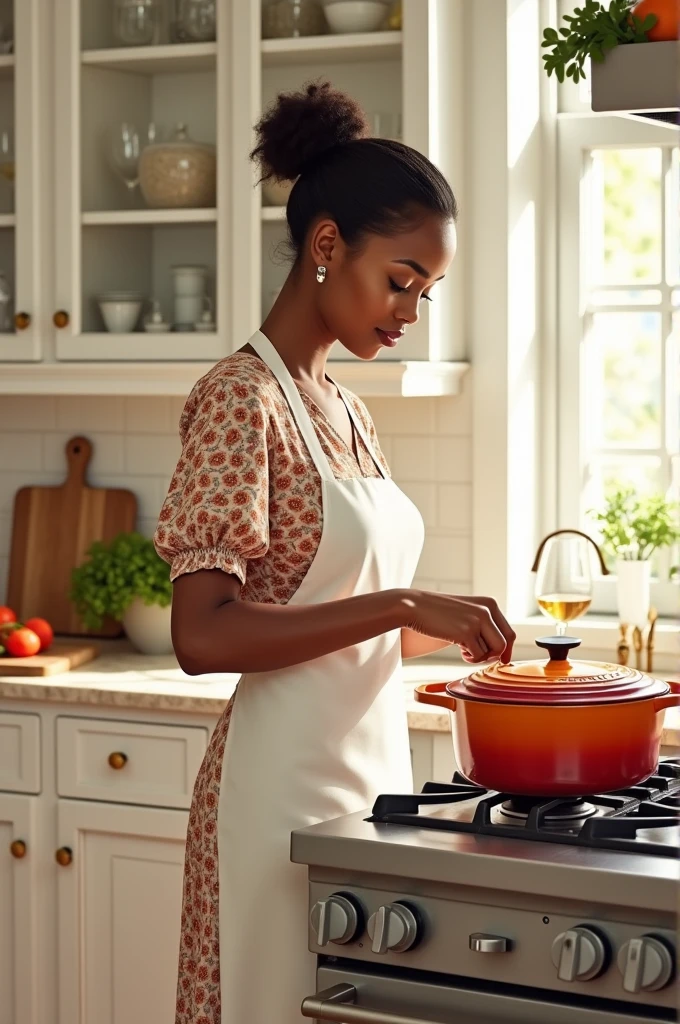 Brown woman with tied hair, dressed in a floral midi dress and white apron, cooking in a le creuset pot on an american stove, in a white Provencal kitchen with paneled doors and white marble countertops, a glass of wine on the side, a cutting board with vegetables and a knife under the counter 