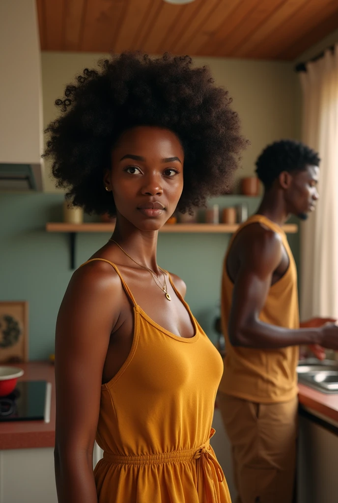 Generate an image where a beautiful young black lady with Afro with a young handsome man in the background whiles ther young beautiful black lady is cooking