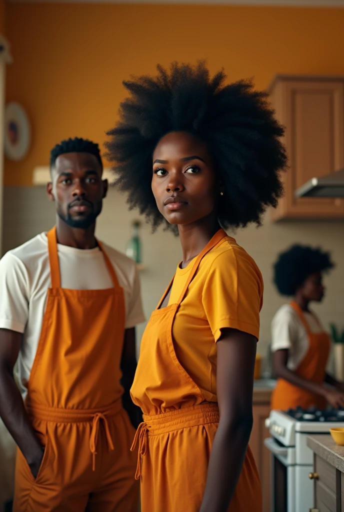 Generate an image where a beautiful young black lady with Afro with a young handsome man in the background whiles another young beautiful black lady is cooking