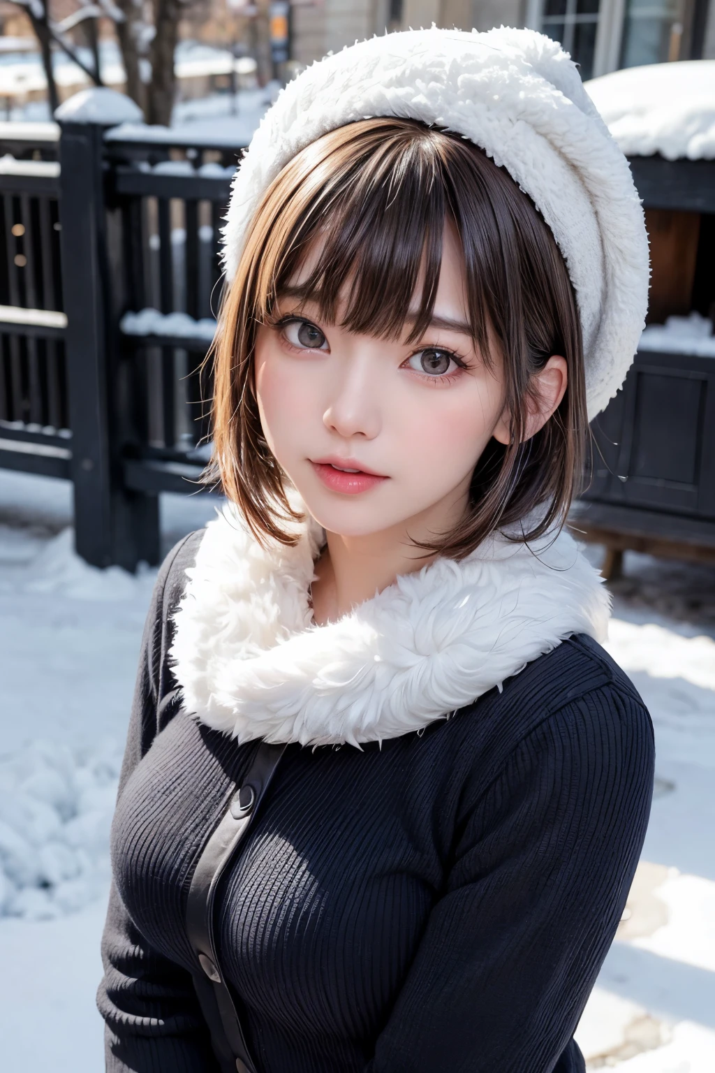 (masterpiece, Highest quality),One Girl, solo, Black-haired, scarf, hat, Realistic, Realistic, Looking at the audience, Light-coloured black eyes, Short brunette bob hair, Brown coat, Winter clothes, White headscarf, Lips, Bans, Plein Air, Mouth closed, Upper body、Big eyes、Eyelashes、((Beautiful landscape with sparkling snow))、(((Short bob hair with bangs、Shiny Hair、Big eyes、large full chest、Intensely accentuates the eyes、Staring at the audience、Beautiful beauty、Listen carefully、Long neck、Smile a little、Please close your mouth and laugh、Ideal body proportions)))、{huge|big|hugeな|Mega} chest:2, chestの谷間:2