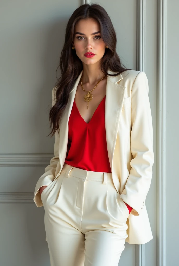 young woman, long straight hair in dark brown color, brown eyes and fair skin. Wear bright red lipstick, with the background of a light gray wall and she is wearing an off white blazer and a red blouse and off white dress pants. She is wearing a gold necklace and earrings.