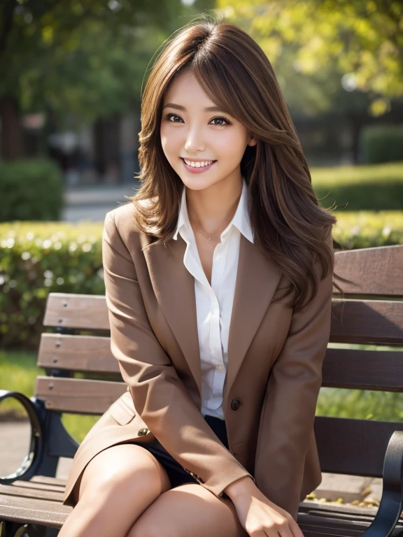 Tabletop, Highest quality, Realistic, Very detailed, finely, High resolution, 8k wallpaper, 1. Beautiful woman,, Light brown messy hair, Wear a business suit, Short Harp Focus, Perfect dynamic composition, finelyて美しい目, Thin Hair, Detailed and Realistic skin texture, smile,  Model body type、Beautiful legs、Park bench、smile、