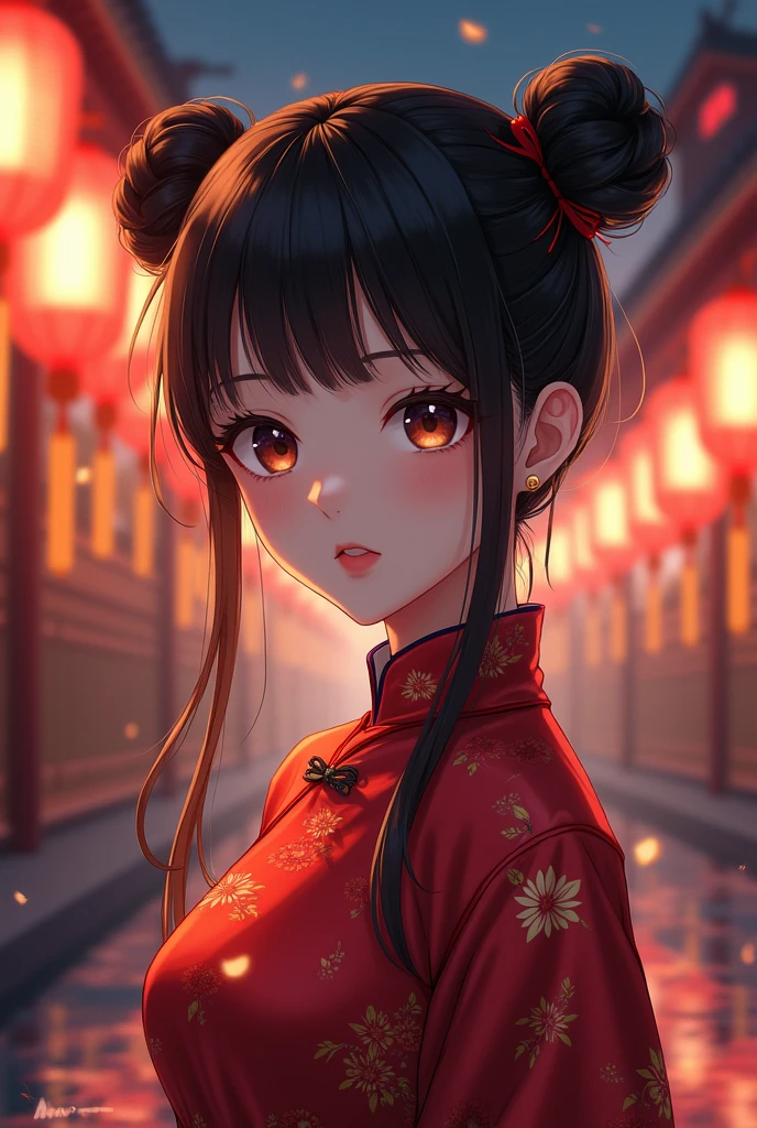 Anime girl with two dark brown cinnamon buns pigtails with straight bangs, red chinese dress, black painted lips, behind night landscape with Chinese lamps illuminating