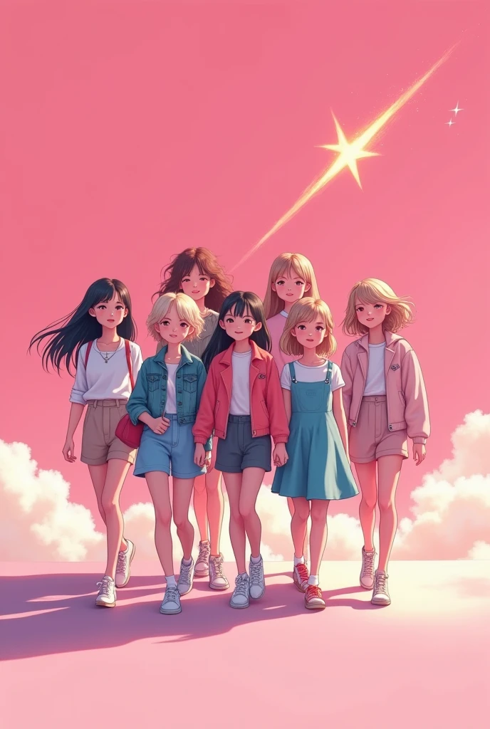 Create a logo where there are seven half-realistic white-skinned girls walking on a pink background while a shooting star falls and say the name Star Girls