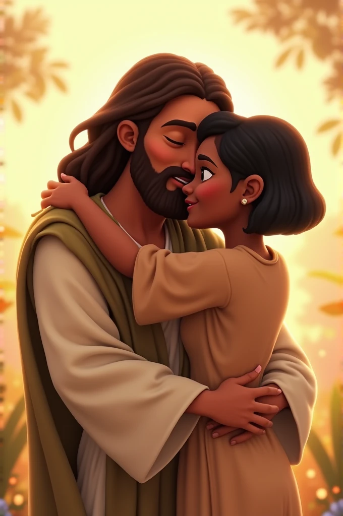 Animation of happy Jesus hugging a black woman with short straight black hair