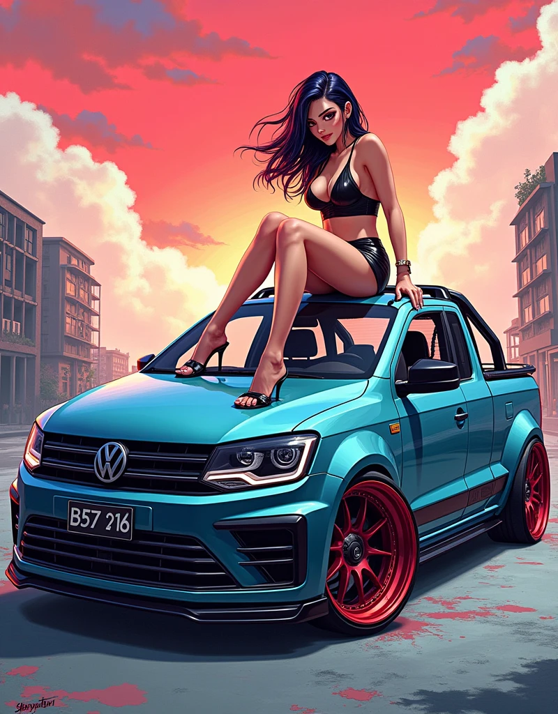 Volkswagen saveiro pick up year 2013 tuning offset rims and racing body kit anime style sexy woman painting