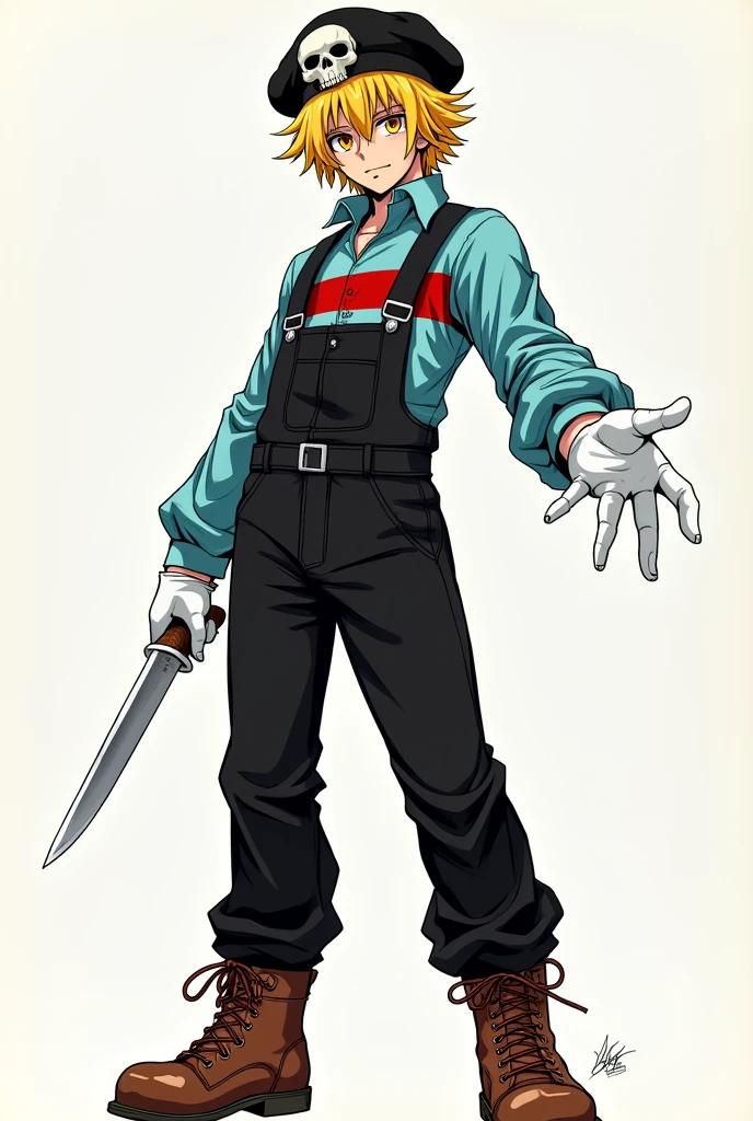 (Manga Type Drawing) Man with dark powers Wearing black overalls, a sky blue long-sleeved shirt with red stripes, white gloves, brown boots, yellow and gold hair, a beret with a skull in the center, holding a knife with his right hand and extending his left hand,left eye orange and right eye white,perfect,