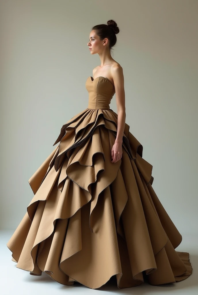 A girl wearing a ball gown, a long dress with a cut at the shoulders and a low neckline, exposed arms and long, puffy skirts, made of cardboard in different colors, such as brown and dark brownish.