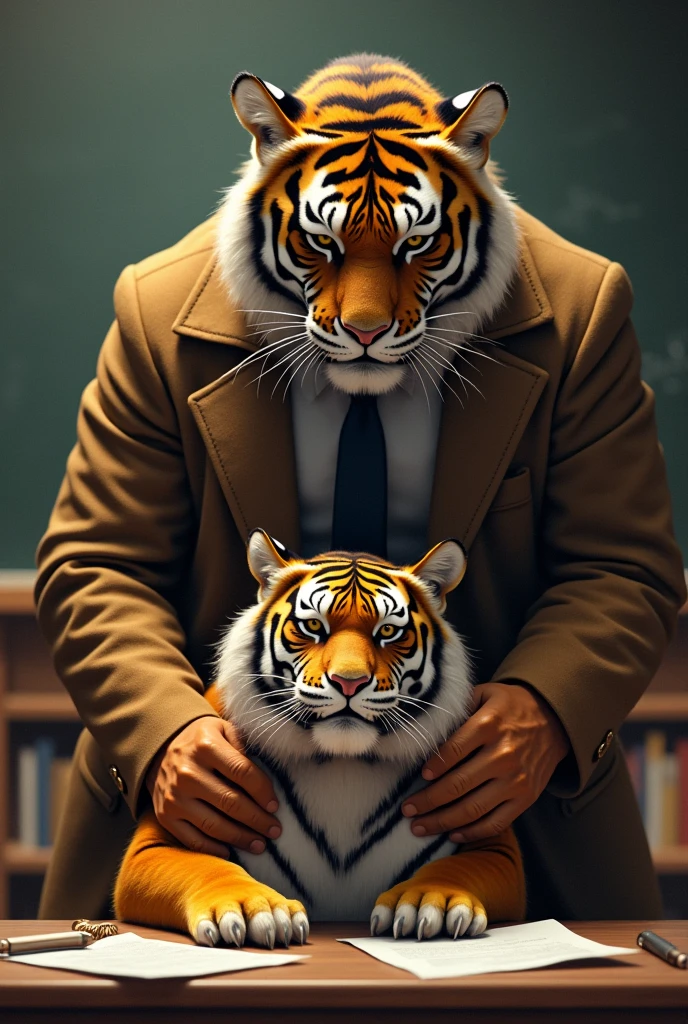 A teacher tiger angrily gives a failing exam to his college tiger student who is very upset about his failure