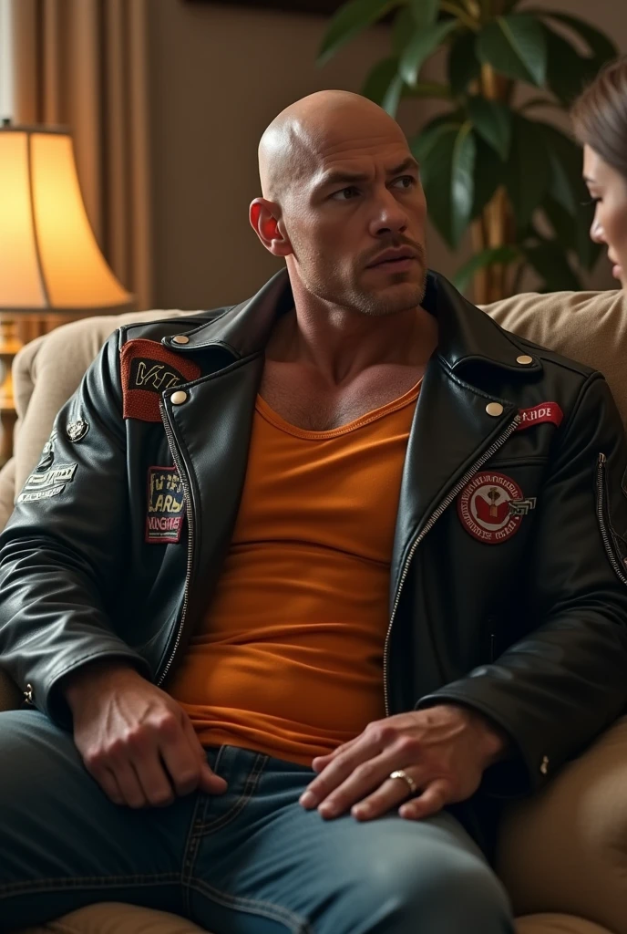 Big body builder white bald men wearing unbuttoned double pocket orange shirt with logos and black leather jacket at home with girl freid sitting sofa