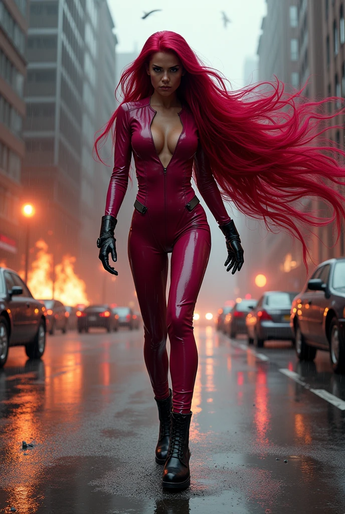 (((A beautiful woman with long red hair dragging her hair along the road))),(((with extensive long red hair prenzil six feet long)))Adriana Lima wearing (((A fuchsia leather one-piece suit))) black leather gloves and boots standing and fighting pose in a rainy apocalyptic city cars and buildings on fire ((((a long, six-foot-long head of red hair grabbing objects in the air)))) reflection of her in her blood red hair logo Marvel universe(((A beautiful woman with long hair dragging it along the length and breadth of the road)))