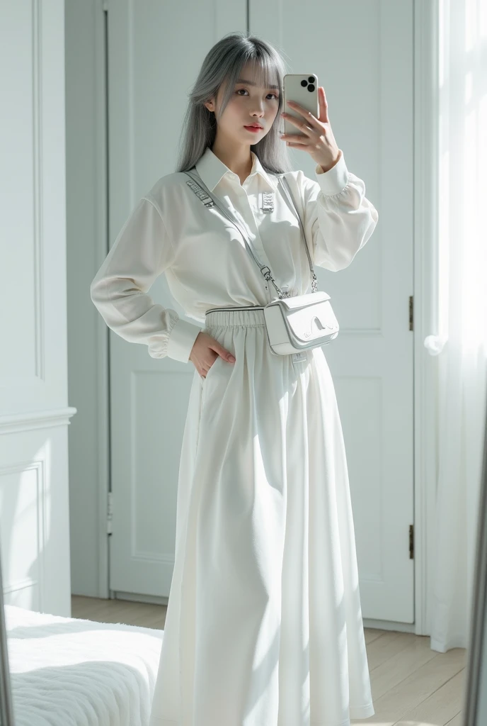 highly detailed, beautiful, hyper Realistic girl, masterpiece, best quality, Japanese sexy gravure woman, 18 years old, identity hidden, takes a selfie in her room using a smartphone in front of a mirror with one hand, fashion model Posing, standing, looking away from the camera, /// gray arranged hair, light color eyes, Realistic skin, Detailed face, /// white-themed, futuristic-inspired casual fall outfit. The ensemble should feature a high-collared, white long shirt with metallic accents, paired with a sleek, form-fitting white shirt in a soft white fabric. Combine this with high-waisted white maxi skirt made from a lightweight, tech-inspired material. Footwear should include white, futuristic sneakers with transparent soles. Accessories might involve a slim, metallic belt and a minimalist white crossbody bag with holographic details. The overall look should blend modern functionality with futuristic elements, offering a fresh, forward-thinking take on autumn trend fashion, /// Monotone simple modern taste single room, mirror, complicated background