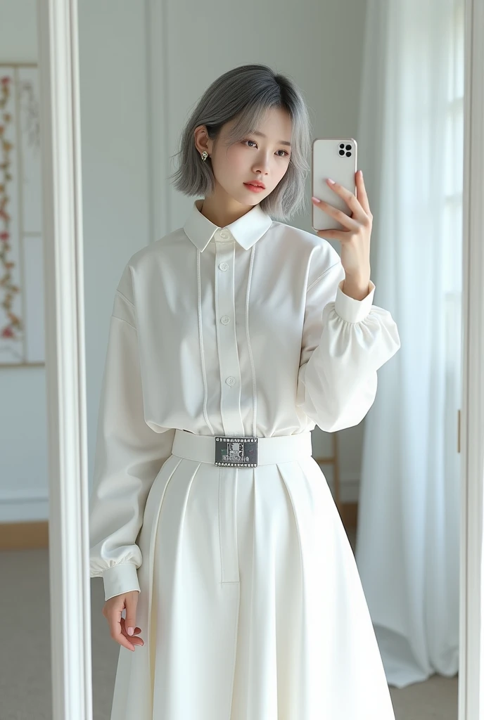 highly detailed, beautiful, hyper Realistic girl, masterpiece, best quality, Japanese sexy gravure woman, 18 years old, identity hidden, takes a selfie in her room using a smartphone in front of a mirror with one hand, fashion model Posing, standing, looking away from the camera, /// gray arranged hair, light color eyes, Realistic skin, Detailed face, /// white-themed, futuristic-inspired casual fall outfit. The ensemble should feature a high-collared, white long shirt with metallic accents, paired with a sleek, form-fitting white shirt in a soft white fabric. Combine this with high-waisted white maxi skirt made from a lightweight, tech-inspired material. Footwear should include white, futuristic sneakers with transparent soles. Accessories might involve a slim, metallic belt and a minimalist white crossbody bag with holographic details. The overall look should blend modern functionality with futuristic elements, offering a fresh, forward-thinking take on autumn trend fashion, /// Monotone simple modern taste single room, mirror, complicated background