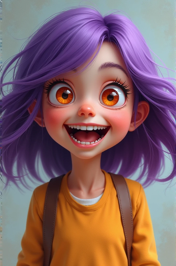 Make one with purple hair, 7 years old, not cartoon style, orange eyes and very excited